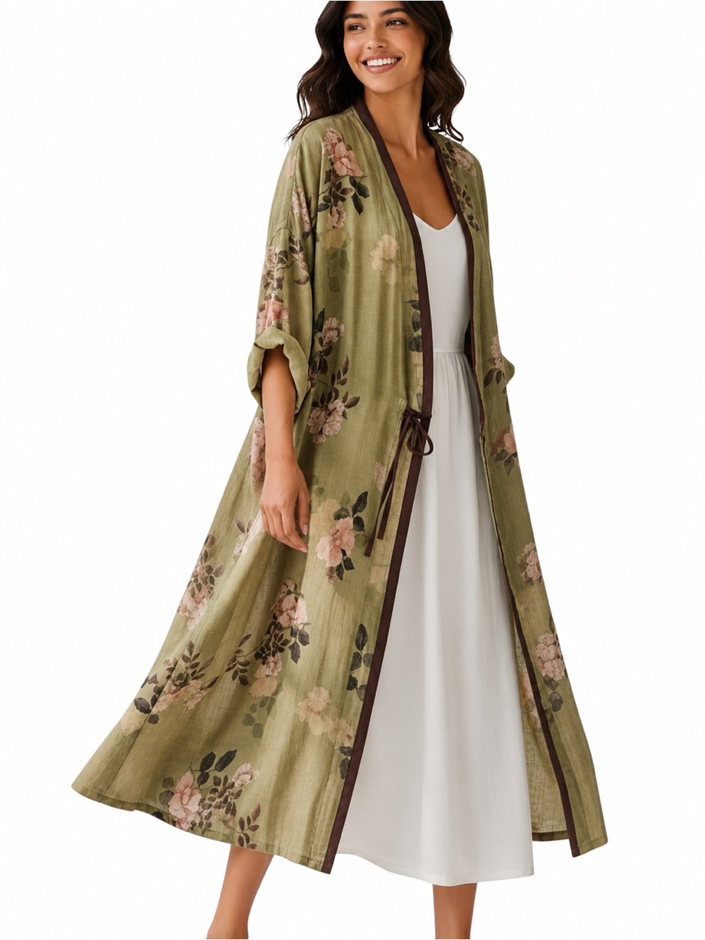 Vintage-Look Loose Floral Cotton Kimono Duster Jacket Olive Green Tie Front NWT